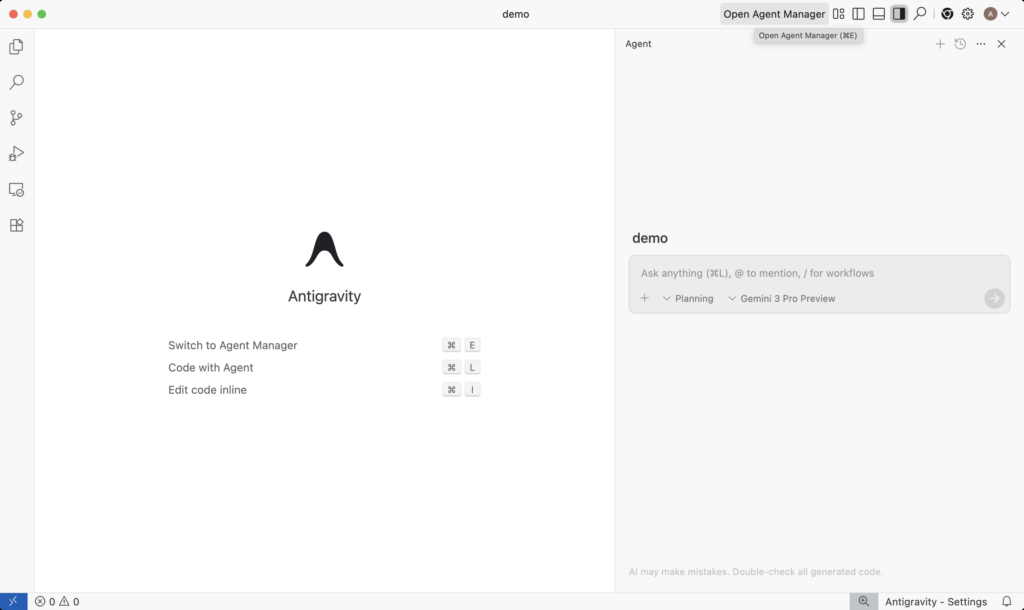 Editor open agent manager Google Antigravity